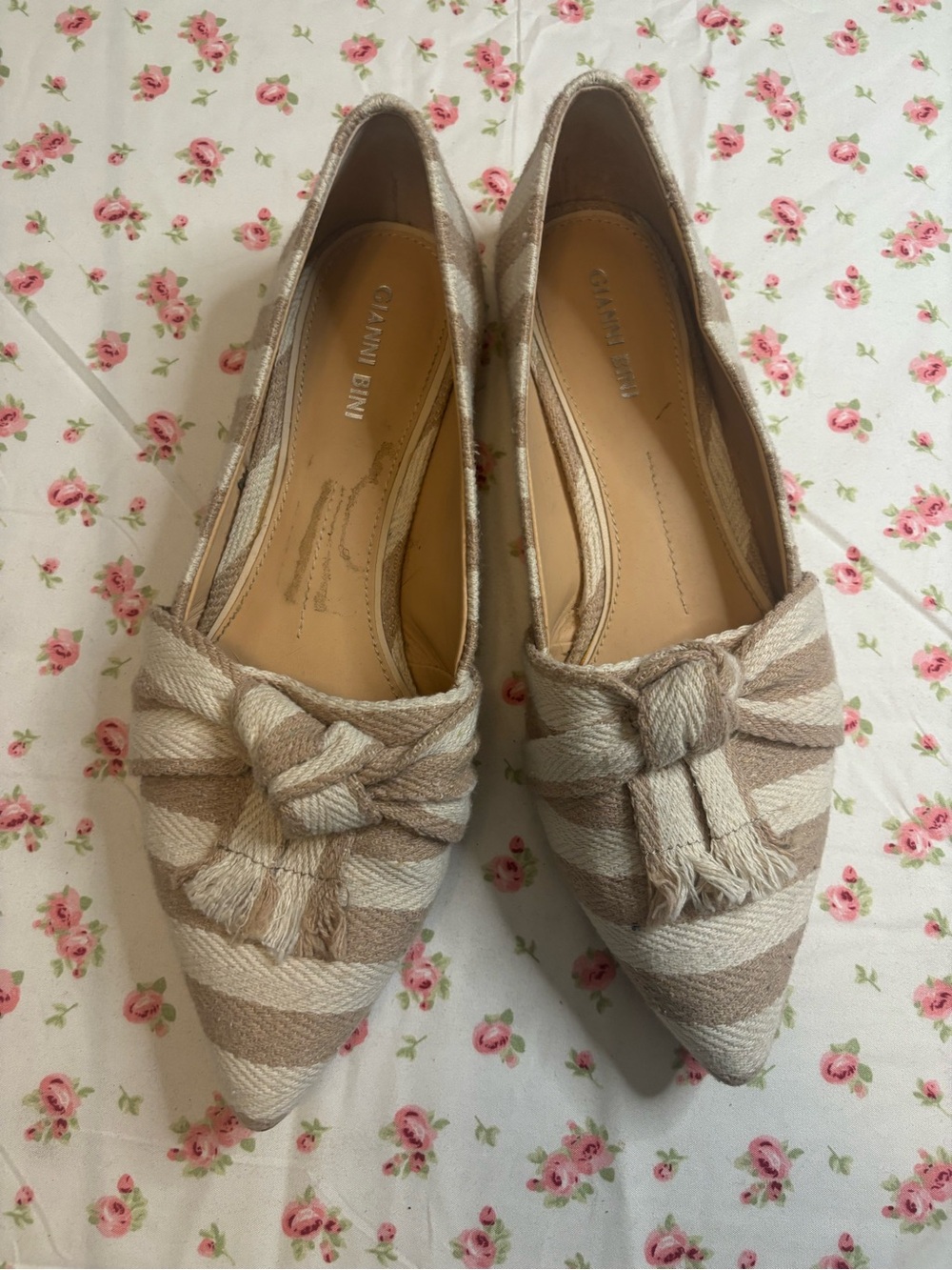 Gianni Bini Striped Knotted Pointed-Toe Flats in Beige and Cream